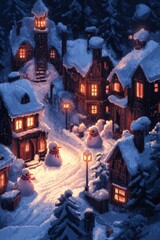 Pixel art snowy village glows with warm light from cozy homes. Detailed snowmen stand in snowy streets. Cheerful characters enjoy winter scene. Winter evening in pixelated village. Cozy atmosphere.