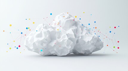Abstract white cloud with colorful nodes and lines, representing network connection or data storage.