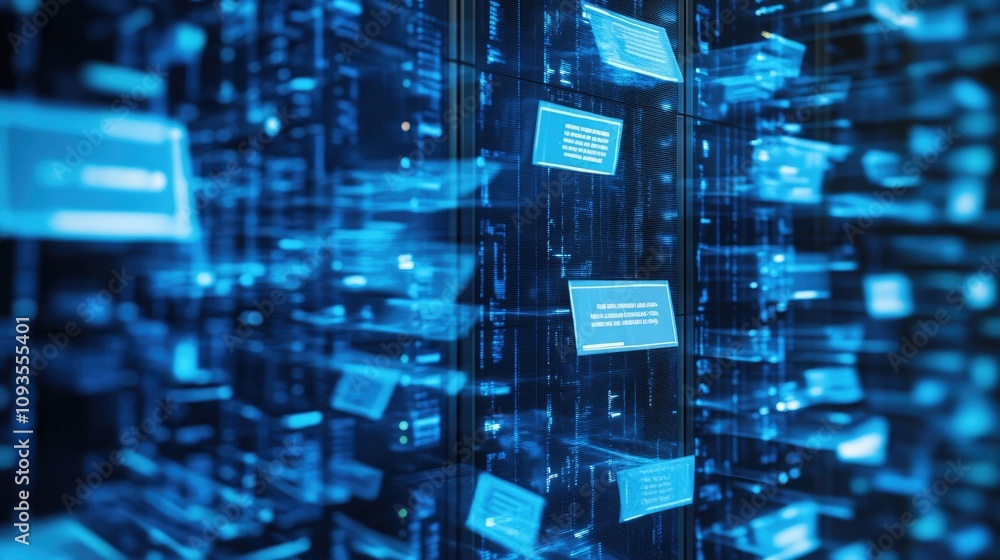 Poster blue digital data streams flowing through a server room.