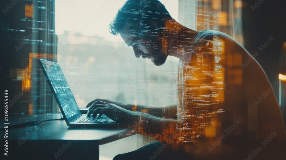 Poster programmer working on laptop at home, code overlay.
