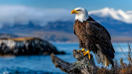A bald eagle perched on a tree branch by the water