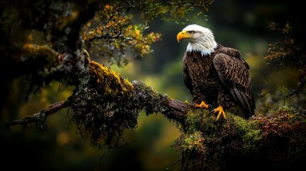 A bald eagle perched on a moss covered tree branch