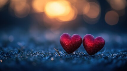 Fototapeta premium Glittering Hearts on Frosty Ground with Dreamy Bokeh Background