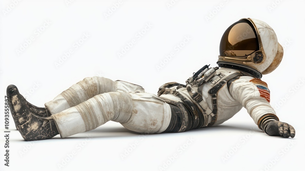Poster an astronaut in a spacesuit lies on the ground, showcasing a dusty and worn appearance.