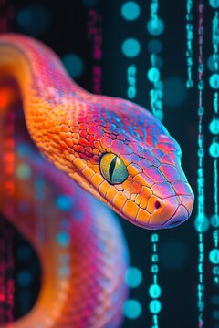A bright and vividly colored snake stands out against a backdrop of binary code, representing a fusion of natural beauty with technological advancement.