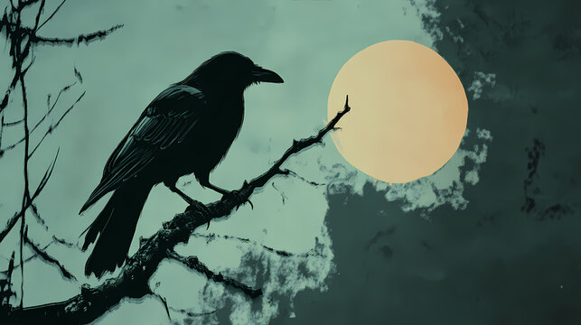 Mystical illustration of a crow perched on a branch with a black sun in the background. perfect for thematic and artistic designs. Haunting Crow Silhouette. Illustration