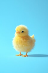 Fototapeta premium A tiny, fluffy yellow chick stands confidently on a heavenly blue background, exuding feelings of innocence, new life, and pure joy in its playful nature.