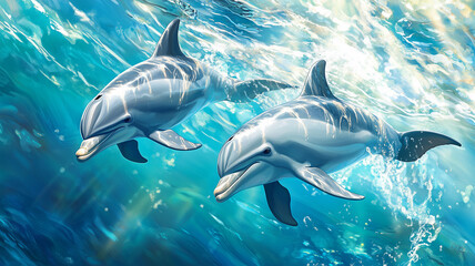 Obraz premium 透き通った海で泳ぐイルカのペア
