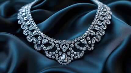 Obraz premium A stunning diamond necklace is elegantly displayed on rich blue silk fabric, capturing the essence of luxury, sophistication, and timeless beauty in jewelry.
