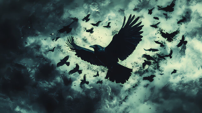 Ethereal silhouette dissolving into a murder of crows against a turbulent, stormy sky, evoking nightmarish horror and surreal imagery in conceptual art. Haunting Crow Silhouette. Illustration