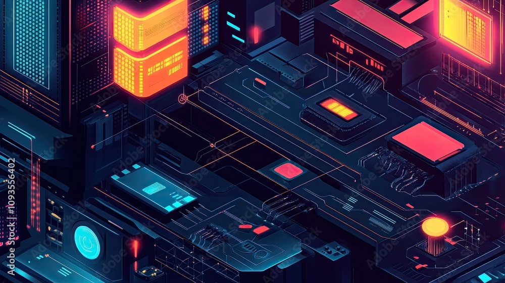 Poster futuristic isometric illustration of a complex technological system with glowing components and intr