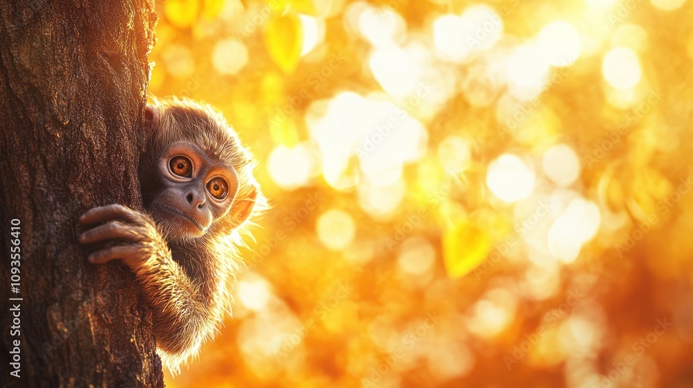 Poster a curious monkey peeks from behind a tree in a warm, golden-lit forest setting.