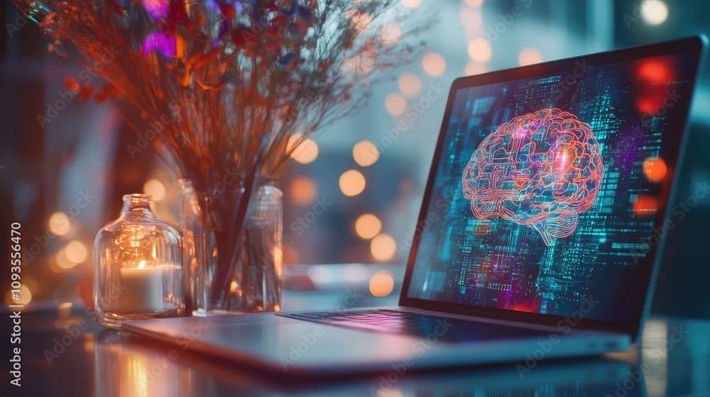 Poster laptop displaying a digital brain on its screen, sitting on a table with flowers and candles.