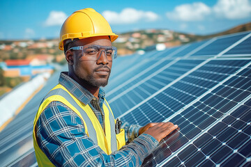 Close-up of an engineer inspecting solar panels on a corporate rooftop