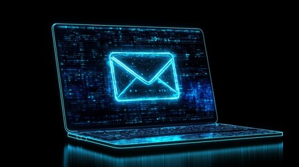 The image showcases a futuristic laptop with a digital glowing envelope icon on its screen, symbolizing digital communication and technology advancement.