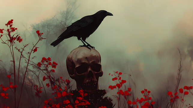 Black crow perched on a skull amidst red flowers in a misty, haunting landscape, evoking a sense of mystery and dark beauty. Haunting Crow Silhouette. Illustration