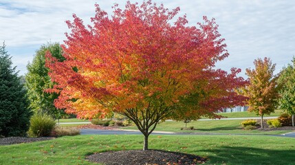 Naklejka premium Autumnal Splendor: A Vibrant Maple Tree in its Fall Glory