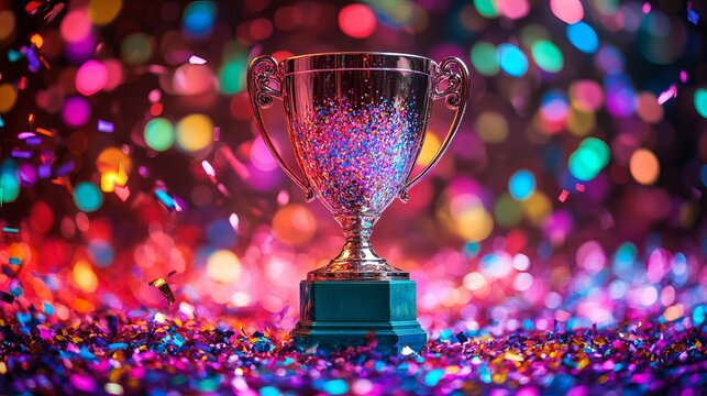 A vibrant image displaying a shiny trophy amidst scattered colorful confetti, epitomizing victory and celebration in a joyful and festive ambiance.
