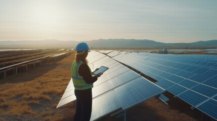 Professional inspecting solar panels in a vast renewable energy field during sunset