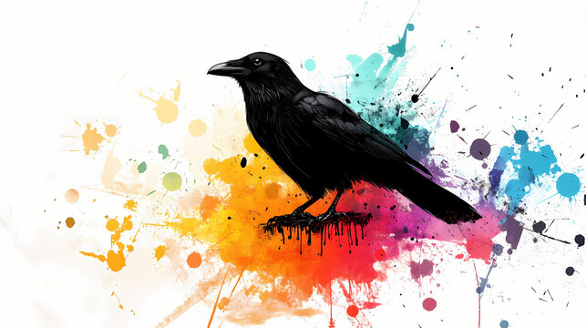 A striking monochrome image of a crow amidst an artistic splash of colors, highlighting its elegance and mystery. Haunting Crow Silhouette. Illustration