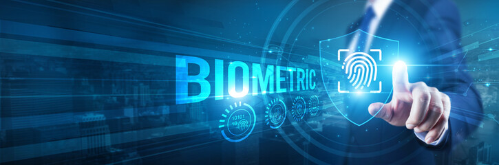 Businessman hand touches a shield, biometric authentication, recognition, and verification. The...