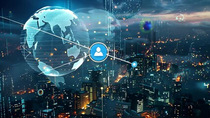 A futuristic city with a digital globe in the foreground demonstrates blockchains global impact, Visualize the future impact of Blockchain Technology on global economies and societies - Powered by Adobe