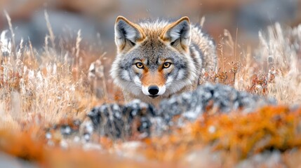 Fototapeta premium A coyote peeking out from behind a rock in a field
