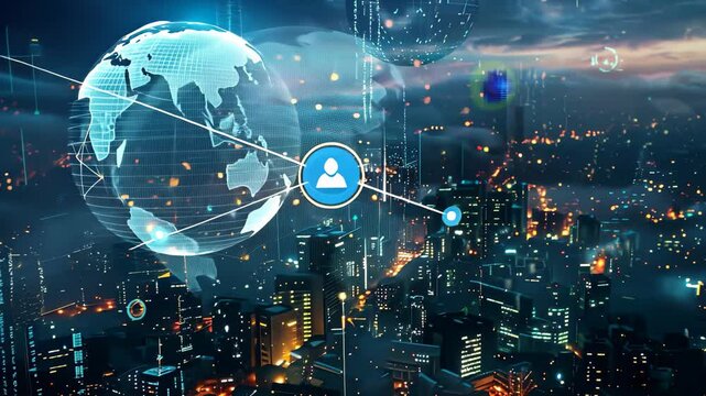 A futuristic city with a digital globe in the foreground demonstrates blockchains global impact, Visualize the future impact of Blockchain Technology on global economies and societies