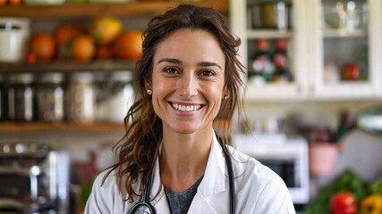 A healthcare professional stands in a bright kitchen, showcasing a warm smile while surrounded by colorful fruits and vegetables. The cheerful atmosphere reflects a healthy lifestyle.