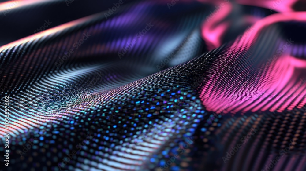 Poster abstract iridescent fabric with glowing lines and particles.