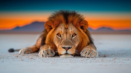 A lion laying on the ground in the desert at sunset