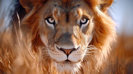 A close up of a lion's face in the grass