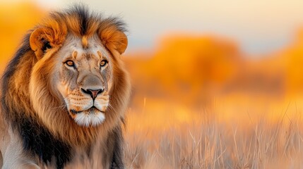 Obraz premium A lion walking through a field of tall grass