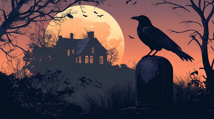 Fototapeta premium A crow sits on a tombstone in front of a haunted house under a full moon. Haunting Crow Silhouette. Illustration