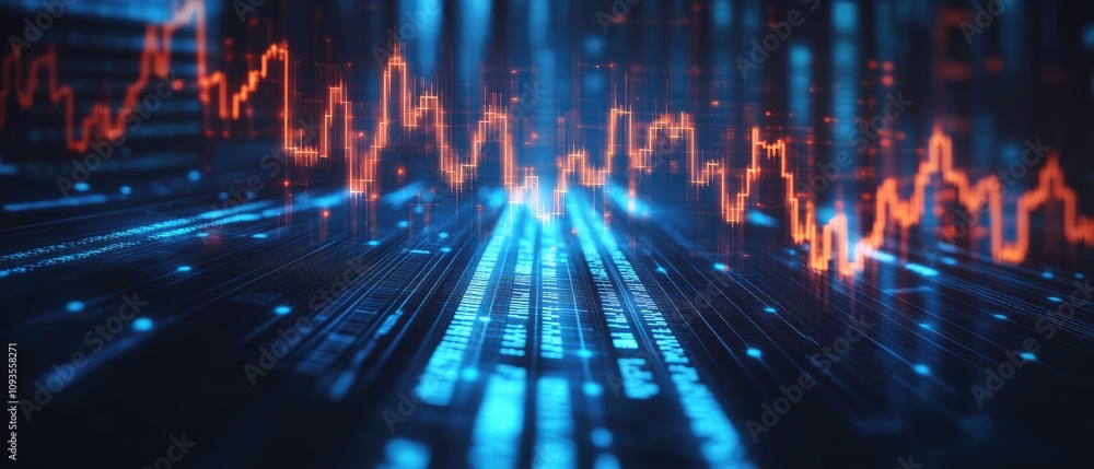 Poster futuristic digital data streams with stock market graphs.