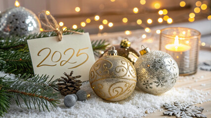 A festive Christmas scene with a golden "2025" card, silver and gold baubles, candles, and a snowy backdrop, exuding warmth and holiday cheer in an indoor setting.
