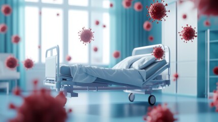Hospital bed in a medical room surrounded by floating virus particles highlighting health challenges