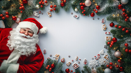 Kartka świąteczna na Boże Narodzenie.  św mikołaj 
i  bożonarodzeniowy wieniec