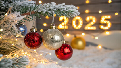 The festive image features a snow-covered tree branch with Christmas balls in gold, red, and silver. The year 2023 is subtly shown in yellow lights, creating a cozy and celebratory atmosphere blending