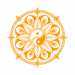 Orange Mandala with Yin-Yang Symbol - Intricate Geometric and Floral Patterns