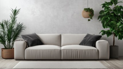Modern living room with stylish sofa and indoor plants in neutral tones and natural light