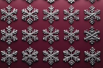 Symmetrical pattern of silver geometric snowflakes arranged on a deep burgundy background, with gradients creating a sleek 3D effect, elegant and festive