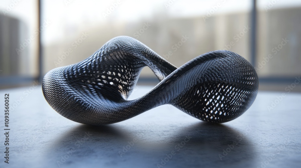 Poster abstract metallic sculpture with intricate latticework, forming a continuous loop on a smooth surfac
