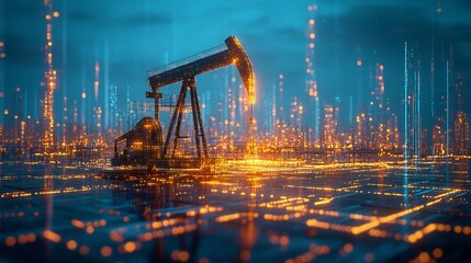 A futuristic representation of an oil rig set against a digital backdrop filled with glowing lights, symbolizing technology in the energy sector for stock purposes.