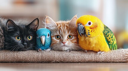 A group of cats and a parrot sitting on top of a couch