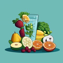 Colorful illustration of healthy fruits, vegetables. Fresh fruit pieces, vegetables around glass of juice smoothie. Healthy eating concept, colorful composition. Balanced diet. No people. Great for