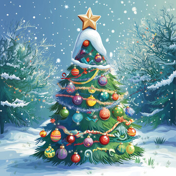 Weihnachtsbaum im verschneiten Wald mit buntem Schmuck


