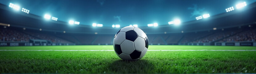 Obraz premium Soccer ball on field in illuminated stadium at night