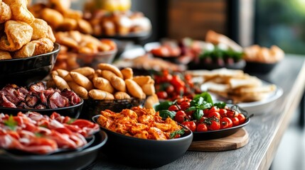 A rich display of gourmet food items, including pastries, meats, and fresh vegetables, beautifully arranged on a wooden table for a luxurious and appetizing feast.