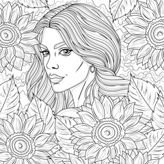 Fototapeta premium Woman in sunflowers.Coloring book antistress for children and adults. 